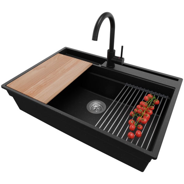 PRIMAGRAN Granitspüle Schwarz Metallic 78x53cm, Spülbecken 1 Becken + Küchenarmatur 32x20cm + Ablauf-Set + Küchenzubehörset, Küchenspüle ab 80er Unterschrank - Oslo Pocket
