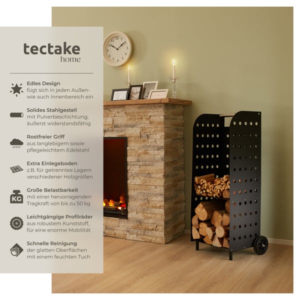 Holzregal mit Rollen und Holzscheiten