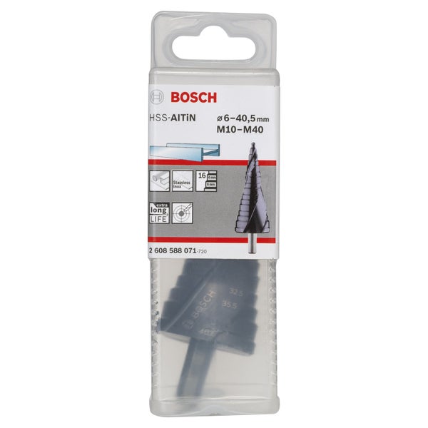 Bosch Stufenbohrer HSS-AlTiN, Durchmesser 6 bis 40,5 Millimeter, M10 bis M40 in Verpackung