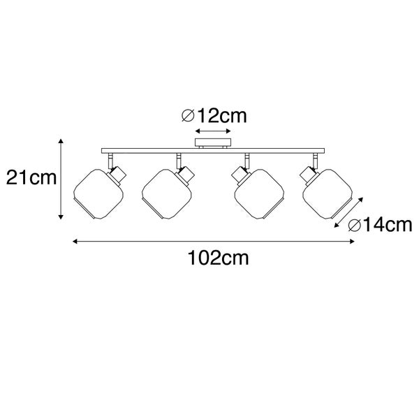 Technische Zeichnung einer Deckenleuchte mit vier Strahlern und den Maßen 102 cm Länge, 21 cm Höhe und 14 cm Durchmesser der Strahler