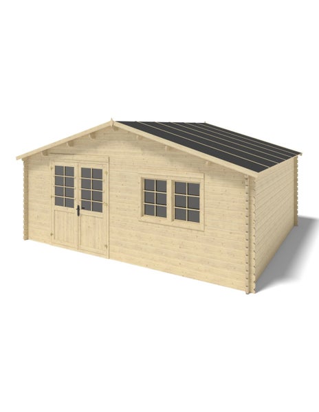 Gartenhaus aus Holz mit Satteldach, Doppeltür mit Glasausschnitten und zwei Doppelfenstern.