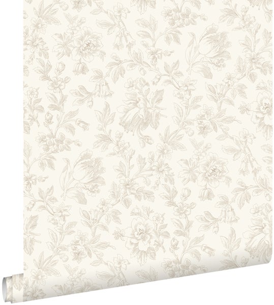 Vliestapete mit klassischem Blumenmuster und botanischen Zeichnungen im Vintage-Stil.