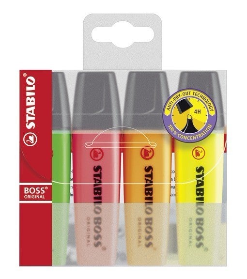 STABILO Textmarker BOSS ORIGINAL, 4er Set Leuchtgelb, -grün, -orange, -rosa. Keilspitze, Strichbreite 5mm