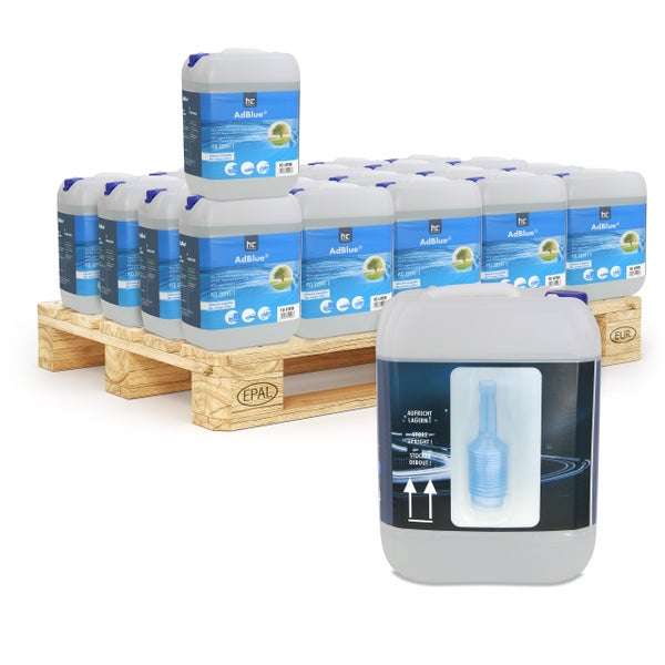 Palette mit mehreren 10-Liter-Kanistern AdBlue zur Abgasnachbehandlung von Dieselmotoren