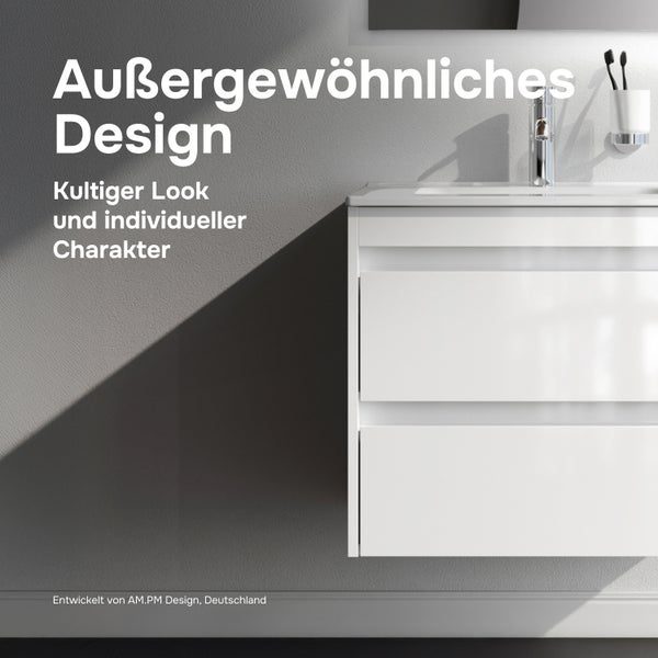 Moderner Waschbeckenunterschrank mit zwei Schubladen und Armatur in einem stilvoll eingerichteten Badezimmer.