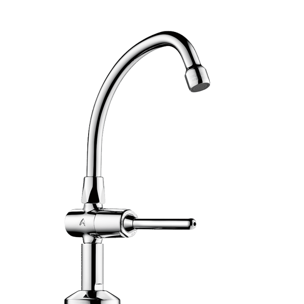 Verchromte Armatur mit hohem, gebogenem Schwenkauslauf und seitlichem Hebel.