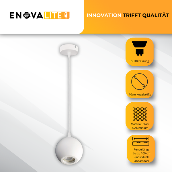 EnovaLite Pendelleuchte mit GU10 Fassung, 10 cm Kugelgröße, aus Stahl und Aluminium, Pendellänge bis 100 cm individuell anpassbar