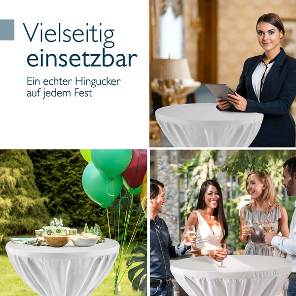 Stehtisch mit weißer Husse in verschiedenen Umgebungen.