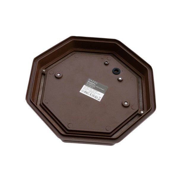 Rückansicht eines sechseckigen Deckenleuchtensockels mit Montagebohrungen, QAZQA Logo, IP44-Schutzart, CE-Kennzeichnung und UKCA-Kennzeichnung.