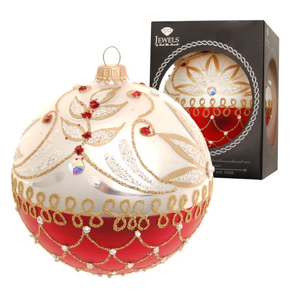 Glaskugel Glanz & Gloria, Silber/Rot Satin, aufwendig dekoriert mit Strass, 10cm in Geschenkbox, 1 Stck., Weihnachtsbaumkugeln, Christbaumschmuck, Weihnachtsbaumanhänger