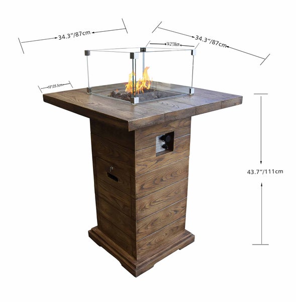 Quadratischer Gaskamin-Tisch in Holzoptik mit Glas-Windschutz. Maße: Breite 87 Zentimeter, Höhe 111 Zentimeter.
