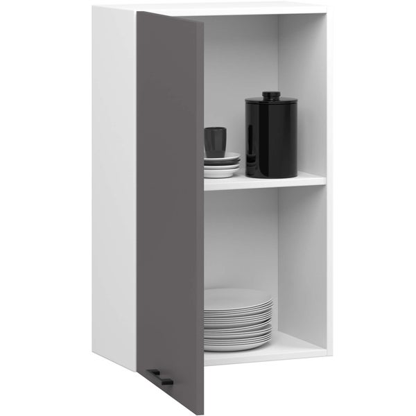 Hängeschrank mit offener Tür, Geschirr und Vorratsbehälter