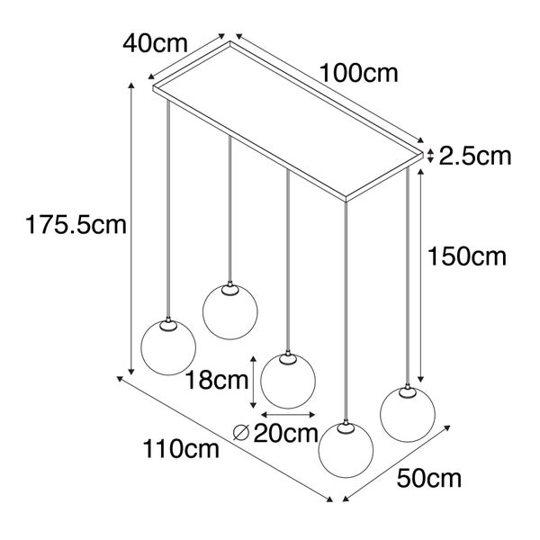 Skizze der Maße einer Pendelleuchte mit fünf Glaskugeln