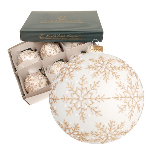 Weiß matt 8cm Glaskugel mundgeblasen und handdekoriert mit goldenen Schneeflocken (6 Stück), 6 Stck., Weihnachtsbaumkugeln, Christbaumschmuck, Weihnachtsbaumanhänger