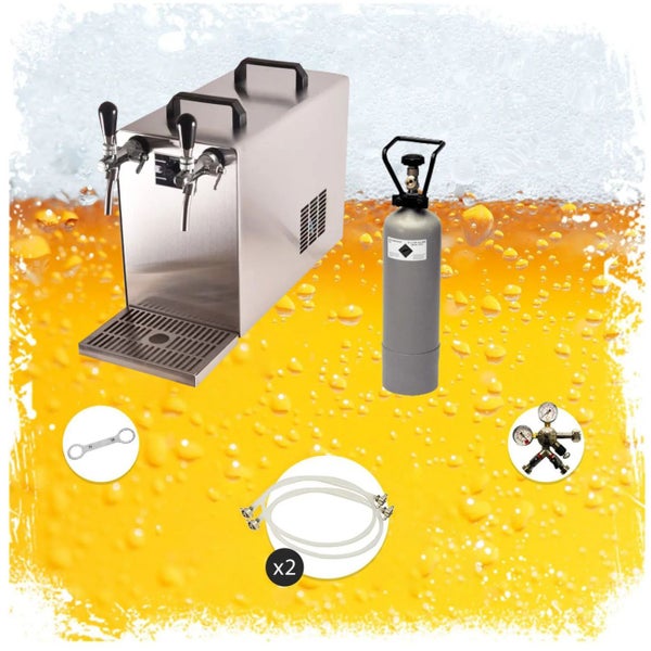 Bierzapfanlage mit Kohlensäureflasche, Druckminderer, Schläuchen und Schraubenschlüssel