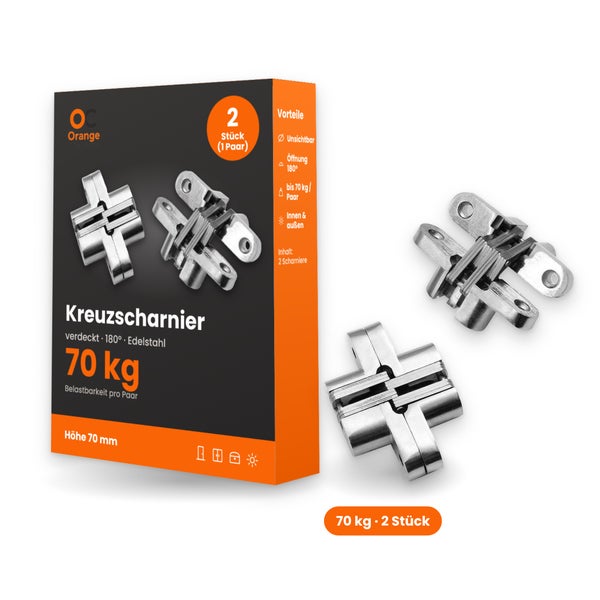 Set mit zwei verdeckten Kreuzscharnieren aus Edelstahl mit 70 Kilogramm Tragkraft pro Paar und 180 Grad Öffnungswinkel inklusive Produktverpackung