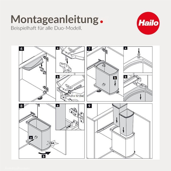 Hailo Logo. Montageanleitung für Hailo Duo Abfalltrennsysteme mit Schritten 6 bis 9 zum Einbau des Mülleimers in einen Küchenschrank.