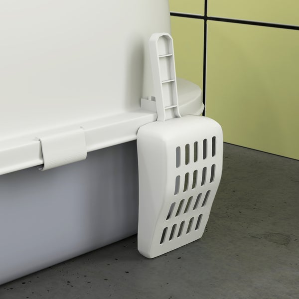 Weiße Katzenstreuschaufel aus Kunststoff, die seitlich an einer Katzentoilette angebracht ist.