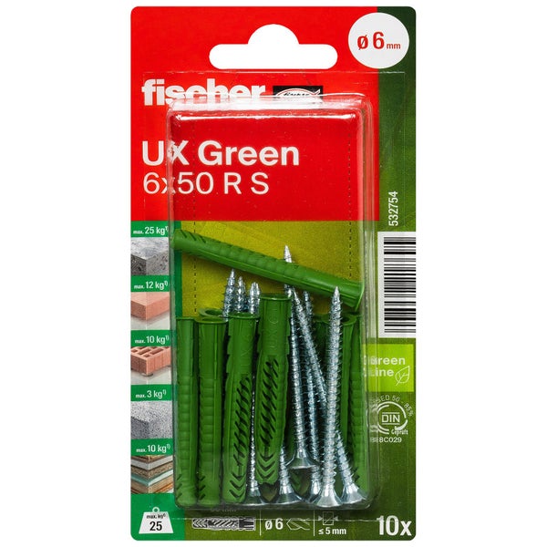 Fischer UX Green Dübel 6 x 50 Millimeter, 10er-Pack