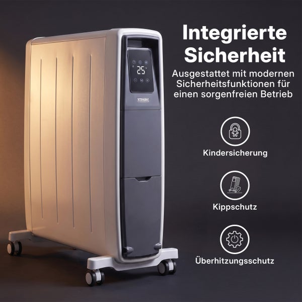 Dimplex Ölradiator mit digitalem Display und Sicherheitsfunktionen wie Kindersicherung, Kippschutz und Überhitzungsschutz.