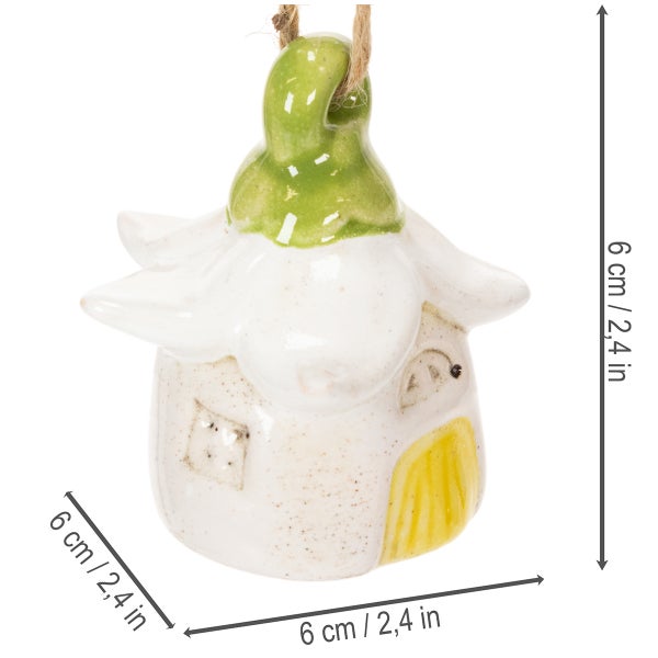 Dekorative Keramikglocke mit Hausmotiv und Jutekordel zum Aufhängen, 6 cm hoch