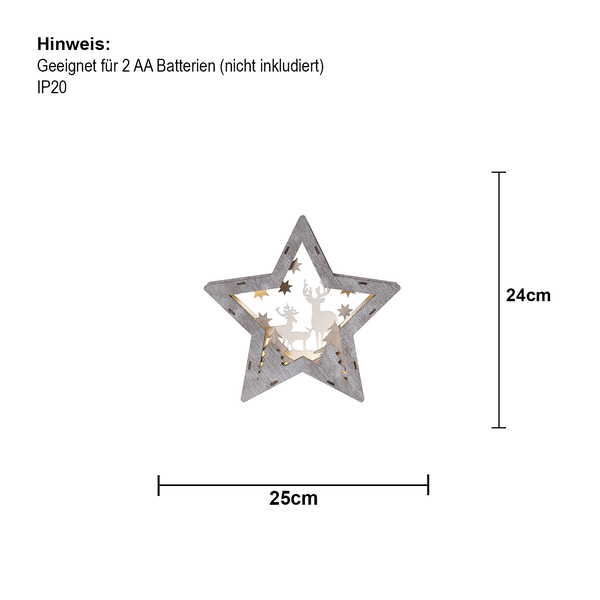 Dekorativer Holzstern mit Hirschnmotiv und den Maßen 24 mal 25 Zentimeter