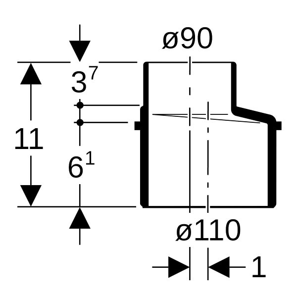 Technische Zeichnung eines Reduzierstücks mit Durchmesser 90 oben und 110 unten sowie einer Gesamthöhe von 11.