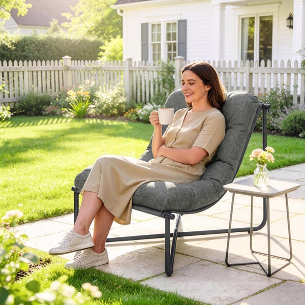 Frau in einem Garten-Loungesessel mit grauem Polster und dunklem Metallgestell in einem sonnigen Garten neben einem Beistelltisch.