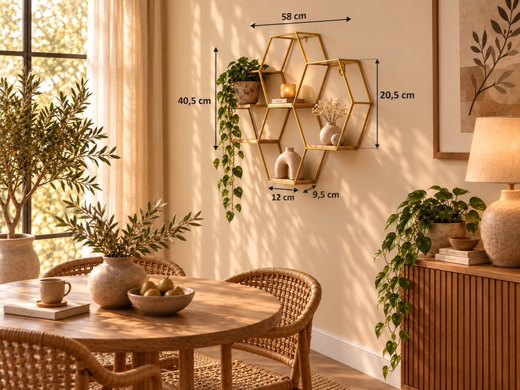 Wandregal in Wabenform mit Metallrahmen und Holzablagen, dekoriert mit Pflanzen und Accessoires, inklusive Maßangaben zur Wandmontage.