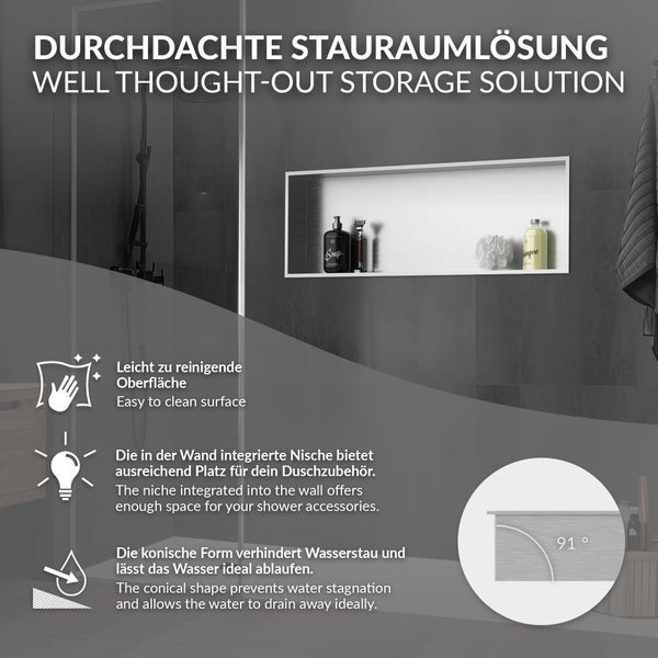 In die Wand integrierte Duschnische als Stauraumlösung mit leicht zu reinigender Oberfläche und 91 Grad Gefälle für idealen Wasserablauf.
