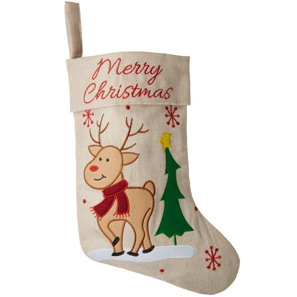 Weihnachtsstiefel aus Textil mit Rentier Motiv, Tannenbaum und Stickerei Merry Christmas