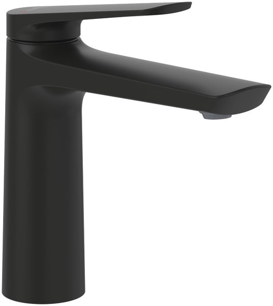 Villeroy & Boch Oasis Waschtischarmatur ohne Zugstange, Wasserhahn Bad mit Keramikkartusche, Waschbeckenarmatur wassersparend, Auslauf Höhe 114mm, rund, Matt Black