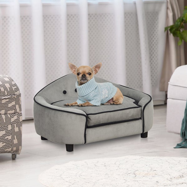 PawHut Haustiersofa, Hundebett, Hundematte, Hundesofa, Naturholz+Plüsch, Grau, 66,5 x 45 x 35,5 cm