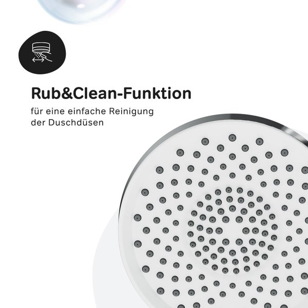 Duschkopf mit Rub and Clean Funktion zur einfachen Reinigung der Duschdüsen von Kalkablagerungen