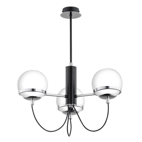Moderne dreiflammige Pendelleuchte mit runden Glaskugeln und Metallarmaturen