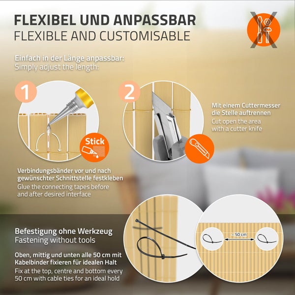 ECD Germany PVC Sichtschutzmatte 140 x 800 cm (2x 4m), Bambus, Sichtschutzzaun 3-Gewicht-Verstärkung, UV-beständig, Windschutz Balkonverkleidung Zaunblende, Sichtschutz für Garten, Balkon & Terrasse