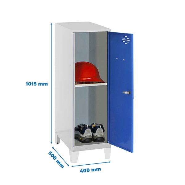 Metall Garderobenschrank mit offener, blauer Tür, ausgestattet mit Helm und Schuhen, Abmessungen: 1015 mm Höhe, 500 mm Tiefe, 400 mm Breite