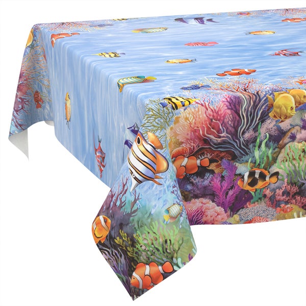 Rechteckige Tischdecke mit Unterwasser-Motiv, tropischen Fischen, Korallenriffen und Meerespflanzen.