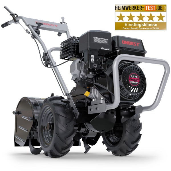 Benzin-Gartenhacke Onbest mit 7 Pferdestärken, 212 Kubikzentimeter Hubraum und Profilreifen. Heimwerker-Test Auszeichnung Einstiegsklasse.