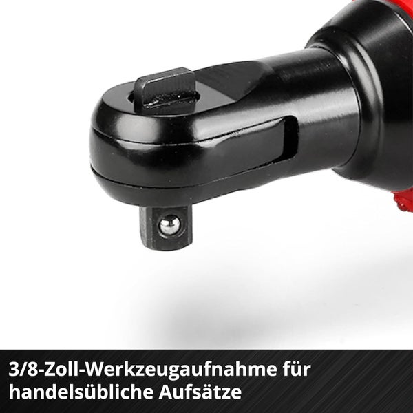 Detailansicht einer 3/8 Zoll Werkzeugaufnahme für handelsübliche Aufsätze an einer Ratsche.