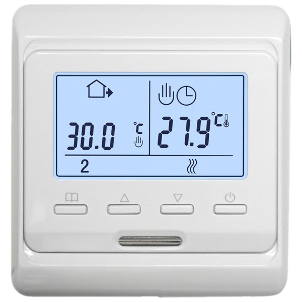 Digitaler Raumthermostat mit LCD Anzeige und Steuerungstasten für Heizungsregelung.