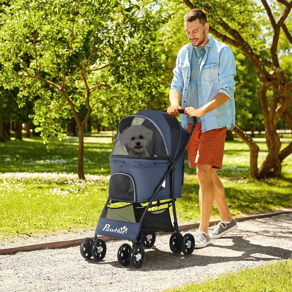 PawHut Hundewagen, faltbarer Hundebuggy, Hundetrolley mit Kissen, Katzenbuggy, Katzenwagen mit 4 Rädern, Netzfenster, Stauraum für kleine Hunde, Katzen, 600D Oxford, Marineblau