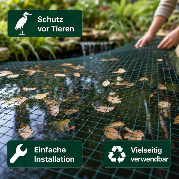Teichnetz zur Abdeckung eines Gartenteichs als Schutz vor Tieren sowie Laubschutz mit einfacher Installation und vielseitiger Verwendbarkeit.