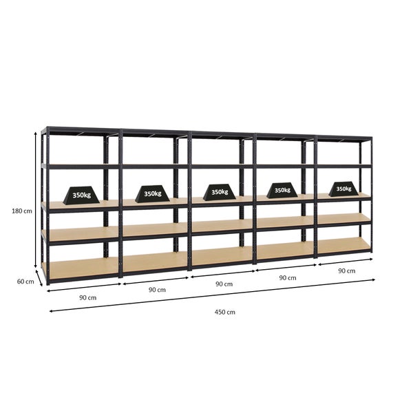 PROREGAL Mega Deal 5x Schwerlastregal Slim Elephant M HxBxT 180 x 90 x 60 cm 5 Ebenen Fachlast 350 kg Schwarz