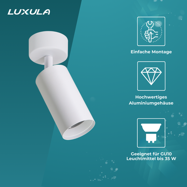 Luxula Logo. Deckenstrahler mit Aluminiumgehäuse, einfache Montage, geeignet für GU10 Leuchtmittel bis 35 Watt
