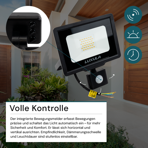 LUXULA LED Außenstrahler mit Bewegungsmelder 30W Strahler 4000K Neutralweiß 3000lm Fluter Schwarz IP65