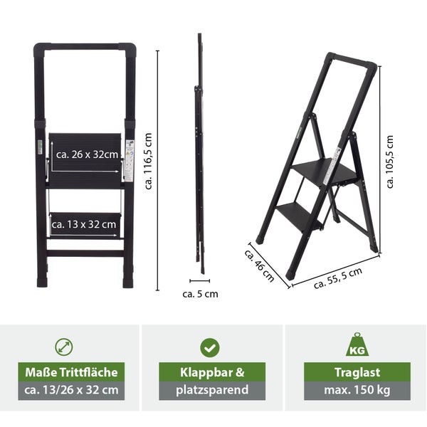 Schwarze Trittleiter mit zwei Stufen und Maßangaben