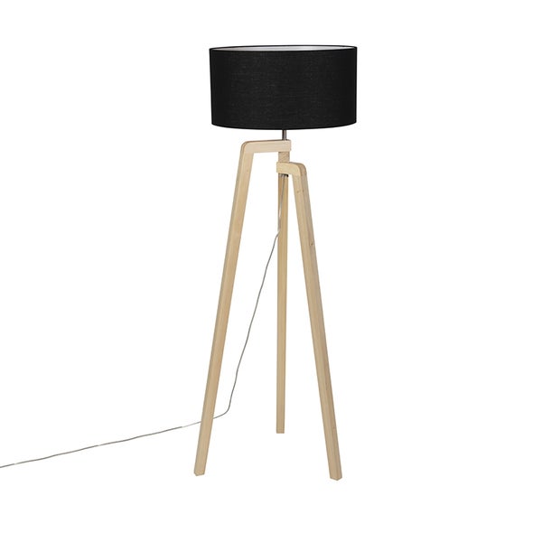 QAZQA - Moderne Stehleuchte I Stehlampe I Standleuchte I Lampe I Leuchte Holz mit schwarzem Schirm 45 cm - Puros I Schlafzimmer - Zylinder I Länglich - LED geeignet E27