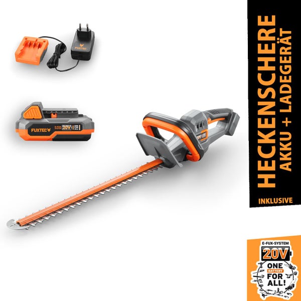 Fuxtec Akku-Heckenschere Set inklusive 20 Volt Akku und Ladegerät.