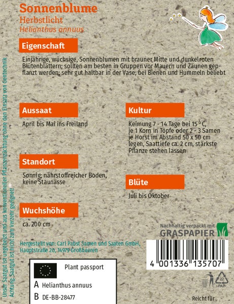Rückseite einer Samentüte für Sonnenblume Herbstlicht mit Details zu Aussaat, Standort und circa 200 Zentimeter Wuchshöhe auf Graspapier.
